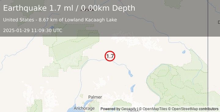 Earthquake 65 km SE of Cantwell, Alaska (1.7 ml) (2025-01-29 11:09:30 UTC)