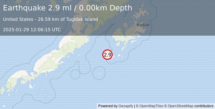 Earthquake 65 km SW of Akhiok, Alaska (2.9 ml) (2025-01-29 12:06:15 UTC)