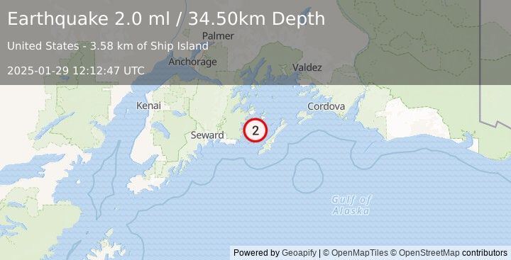 Earthquake 12 km NNE of Chenega, Alaska (2.0 ml) (2025-01-29 12:12:47 UTC)