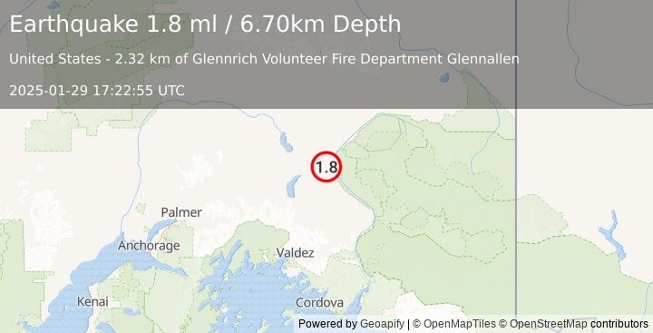 Earthquake 2 km WNW of Glennallen, Alaska (1.8 ml) (2025-01-29 17:22:55 UTC)