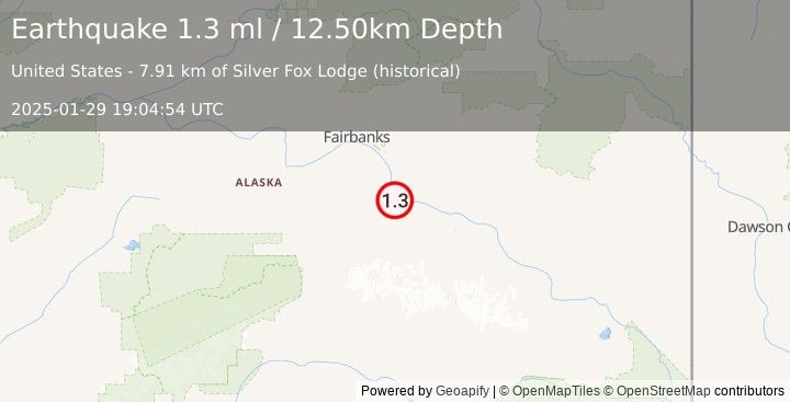 Earthquake 19 km WSW of Harding-Birch Lakes, Alaska (1.3 ml) (2025-01-29 19:04:54 UTC)