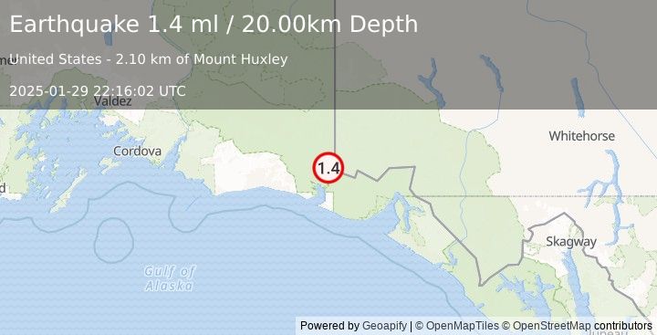 Earthquake 119 km NW of Yakutat, Alaska (1.4 ml) (2025-01-29 22:16:02 UTC)