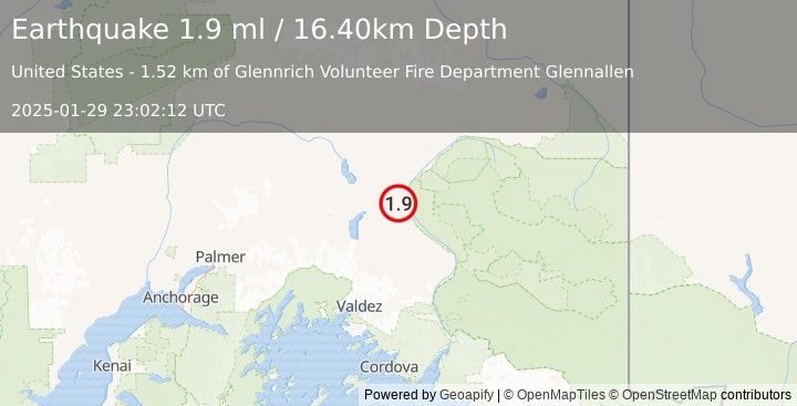 Earthquake 1 km SW of Glennallen, Alaska (1.9 ml) (2025-01-29 23:02:12 UTC)