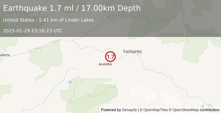 Earthquake 12 km NW of Four Mile Road, Alaska (1.7 ml) (2025-01-29 23:16:23 UTC)