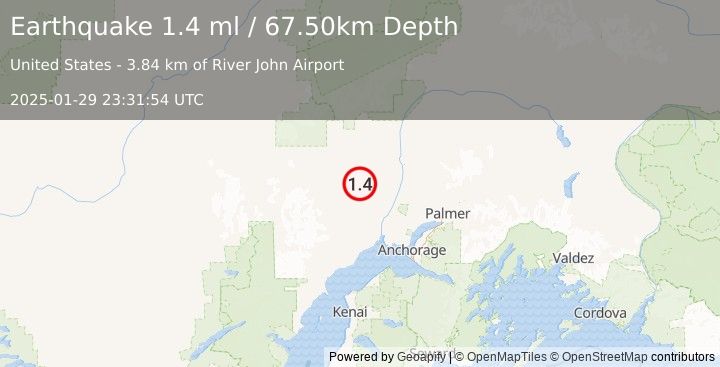 Earthquake 21 km ESE of Skwentna, Alaska (1.4 ml) (2025-01-29 23:31:54 UTC)