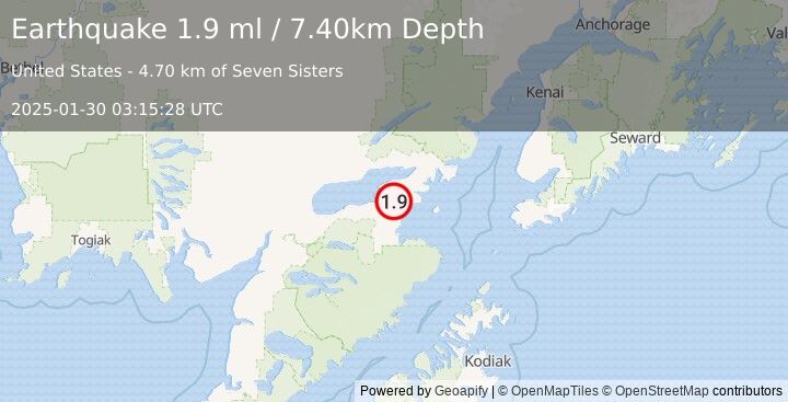 Earthquake 16 km SE of Pope-Vannoy Landing, Alaska (1.9 ml) (2025-01-30 03:15:28 UTC)