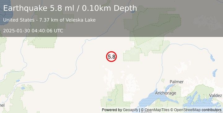 Earthquake 71 km SSE of Nikolai, Alaska (5.8 ml) (2025-01-30 04:40:06 UTC)