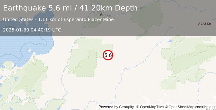 Earthquake 60 km NW of Takotna, Alaska (5.6 ml) (2025-01-30 04:40:19 UTC)