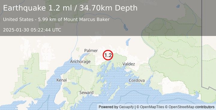 Earthquake 42 km SSW of Glacier View, Alaska (1.2 ml) (2025-01-30 05:22:44 UTC)