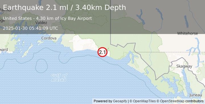 Earthquake 117 km WNW of Yakutat, Alaska (2.1 ml) (2025-01-30 05:41:09 UTC)