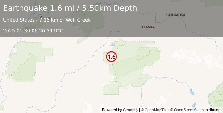 Earthquake 26 km W of Denali National Park, Alaska (1.6 ml) (2025-01-30 06:26:59 UTC)