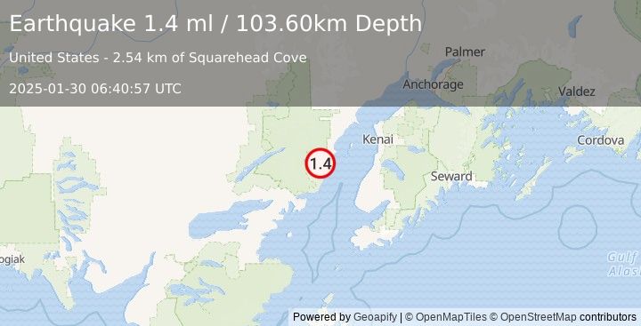 Earthquake 60 km WNW of Ninilchik, Alaska (1.4 ml) (2025-01-30 06:40:57 UTC)