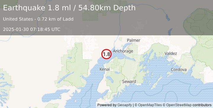 Earthquake 4 km NNE of Tyonek, Alaska (1.8 ml) (2025-01-30 07:18:45 UTC)