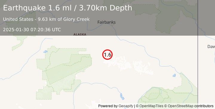 Earthquake 63 km E of Denali Park, Alaska (1.6 ml) (2025-01-30 07:20:36 UTC)