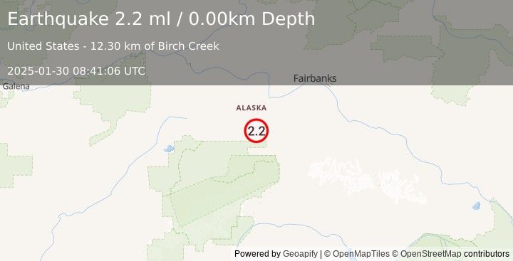 Earthquake 20 km SW of Clear, Alaska (2.2 ml) (2025-01-30 08:41:06 UTC)