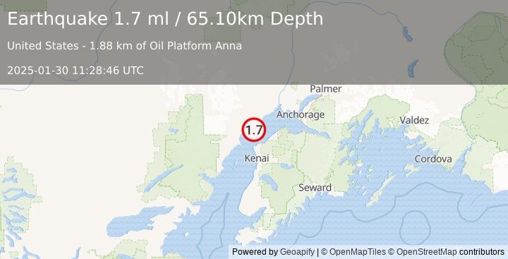 Earthquake 14 km SW of Tyonek, Alaska (1.7 ml) (2025-01-30 11:28:46 UTC)