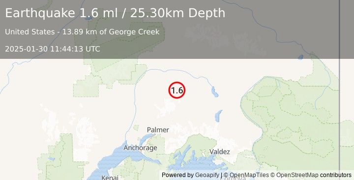 Earthquake 71 km N of Chickaloon, Alaska (1.6 ml) (2025-01-30 11:44:13 UTC)