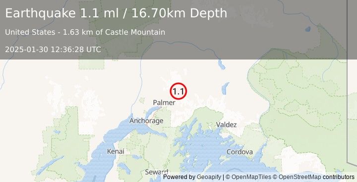 Earthquake 4 km N of Chickaloon, Alaska (1.1 ml) (2025-01-30 12:36:28 UTC)