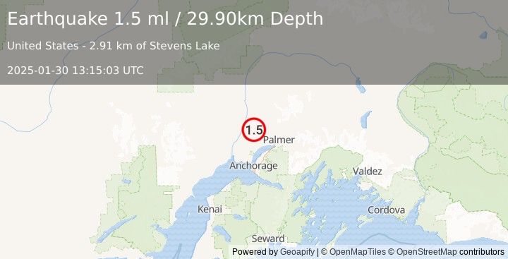 Earthquake 8 km E of Willow, Alaska (1.5 ml) (2025-01-30 13:15:03 UTC)