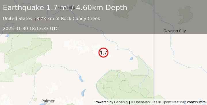 Earthquake 38 km SSW of Dry Creek, Alaska (1.7 ml) (2025-01-30 18:13:33 UTC)