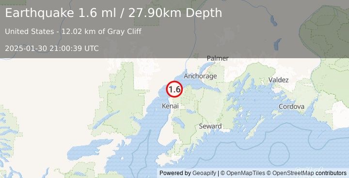 Earthquake 16 km SSE of Tyonek, Alaska (1.6 ml) (2025-01-30 21:00:39 UTC)