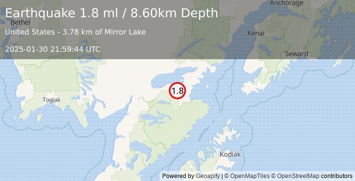 Earthquake 18 km S of Kokhanok, Alaska (1.8 ml) (2025-01-30 21:59:44 UTC)