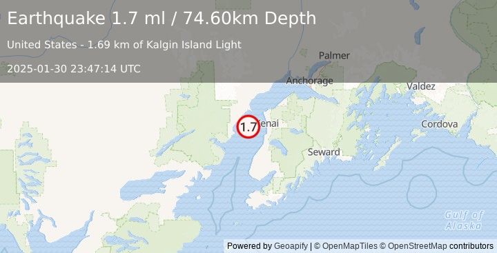 Earthquake 31 km WSW of Salamatof, Alaska (1.7 ml) (2025-01-30 23:47:14 UTC)