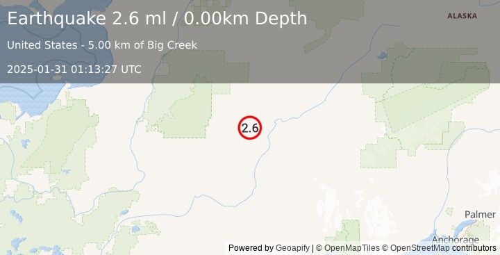 Earthquake 20 km SW of Takotna, Alaska (2.6 ml) (2025-01-31 01:13:27 UTC)