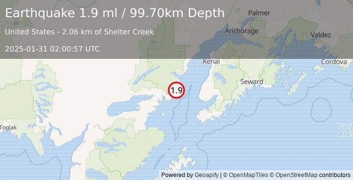 Earthquake 57 km WNW of Anchor Point, Alaska (1.9 ml) (2025-01-31 02:00:57 UTC)