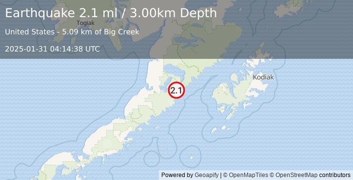 Earthquake 66 km E of Ugashik, Alaska (2.1 ml) (2025-01-31 04:14:38 UTC)