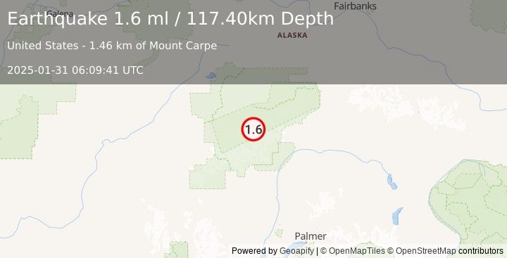 Earthquake 60 km SE of Denali National Park, Alaska (1.6 ml) (2025-01-31 06:09:41 UTC)