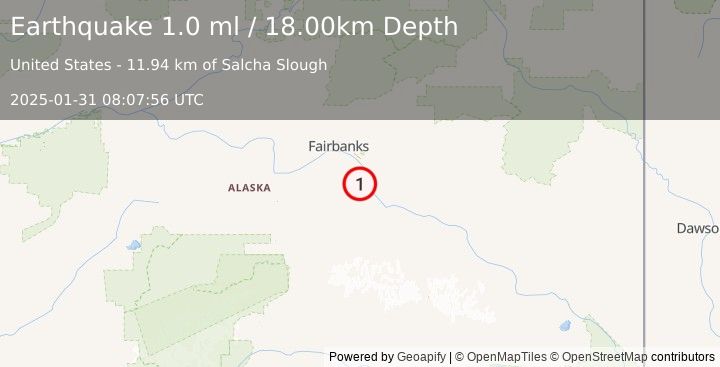 Earthquake 17 km WSW of Salcha, Alaska (1.0 ml) (2025-01-31 08:07:56 UTC)