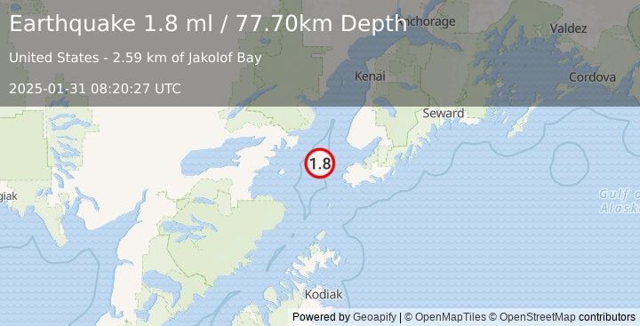 Earthquake 35 km WNW of Nanwalek, Alaska (1.8 ml) (2025-01-31 08:20:27 UTC)