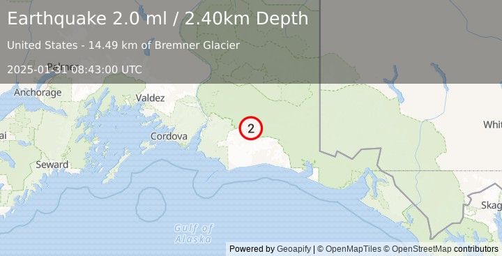 Earthquake 86 km S of McCarthy, Alaska (2.0 ml) (2025-01-31 08:43:00 UTC)