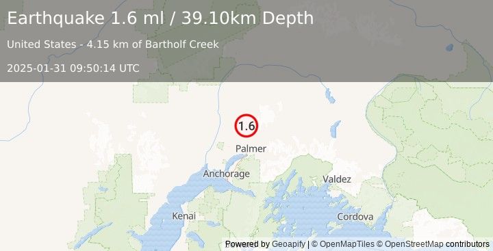 Earthquake 22 km N of Fishhook, Alaska (1.6 ml) (2025-01-31 09:50:14 UTC)