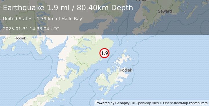 Earthquake 79 km NW of Aleneva, Alaska (1.9 ml) (2025-01-31 14:38:04 UTC)