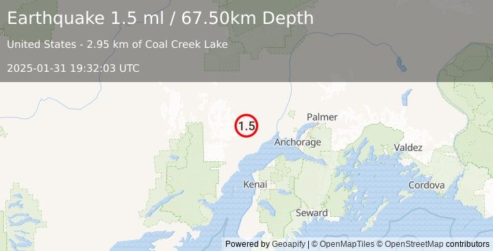 Earthquake 43 km NW of Beluga, Alaska (1.5 ml) (2025-01-31 19:32:03 UTC)