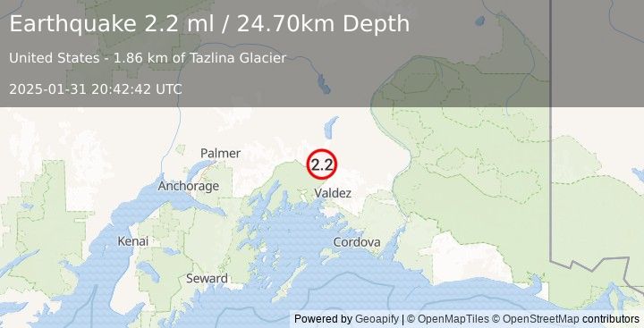 Earthquake 40 km NNW of Valdez, Alaska (2.2 ml) (2025-01-31 20:42:42 UTC)