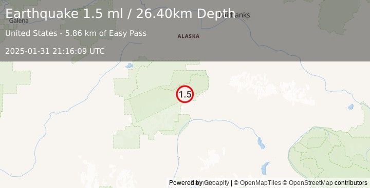 Earthquake 43 km W of Cantwell, Alaska (1.5 ml) (2025-01-31 21:16:09 UTC)