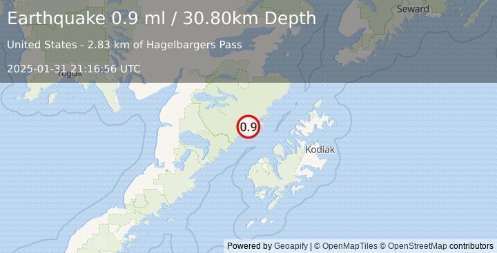 Earthquake 68 km NNW of Karluk, Alaska (0.9 ml) (2025-01-31 21:16:56 UTC)