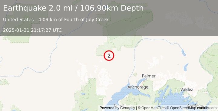 Earthquake 45 km NW of Skwentna, Alaska (2.0 ml) (2025-01-31 21:17:27 UTC)