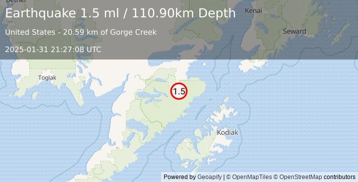 Earthquake 77 km S of Kokhanok, Alaska (1.5 ml) (2025-01-31 21:27:08 UTC)