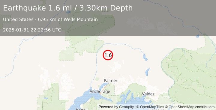 Earthquake 41 km E of Chase, Alaska (1.6 ml) (2025-01-31 22:22:56 UTC)