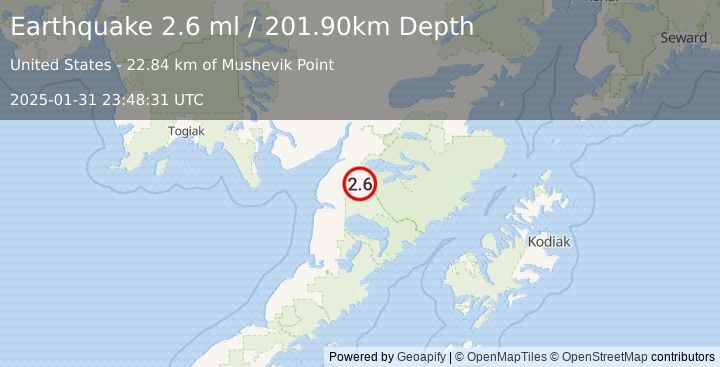 Earthquake 26 km SSE of King Salmon, Alaska (2.6 ml) (2025-01-31 23:48:31 UTC)