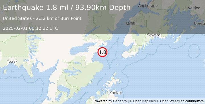 Earthquake 56 km SE of Pedro Bay, Alaska (1.8 ml) (2025-02-01 00:12:22 UTC)