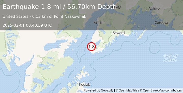 Earthquake 8 km NW of Seldovia, Alaska (1.8 ml) (2025-02-01 00:40:59 UTC)