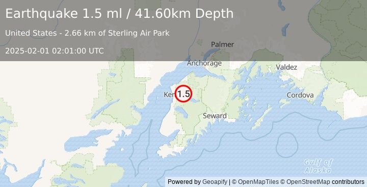 Earthquake 4 km NNW of Sterling, Alaska (1.5 ml) (2025-02-01 02:01:00 UTC)