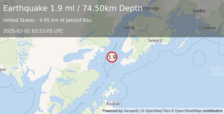 Earthquake 36 km WNW of Nanwalek, Alaska (1.9 ml) (2025-02-01 03:53:05 UTC)