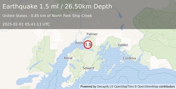 Earthquake 15 km SSE of Elmendorf Air Force Base, Alaska (1.5 ml) (2025-02-01 05:41:13 UTC)