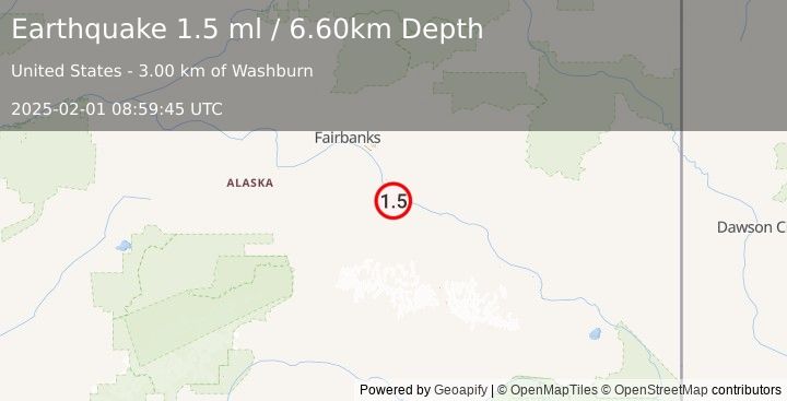 Earthquake 12 km SW of Harding-Birch Lakes, Alaska (1.5 ml) (2025-02-01 08:59:45 UTC)